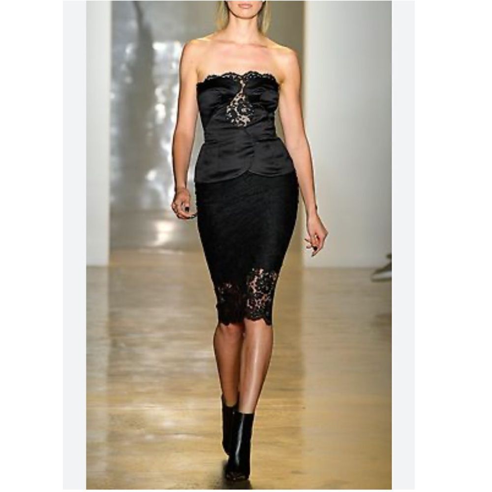 CUSHNIE ET OCHS Strapless Black Duchess Satin Lace Midi Dress Size 6